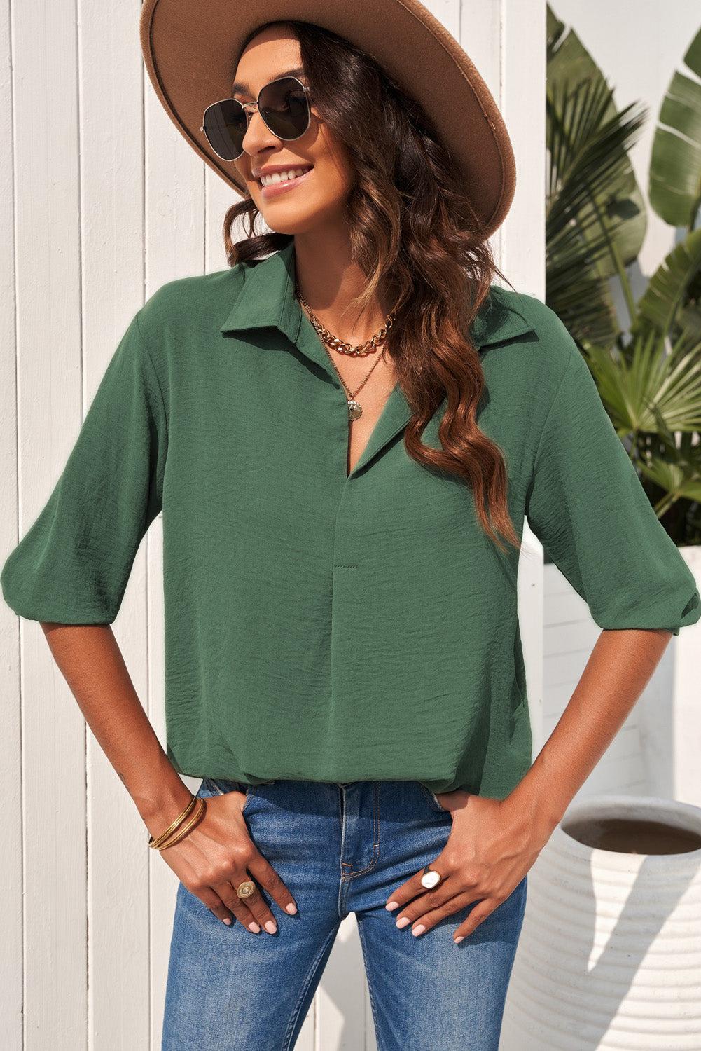 Textured Johnny Collar Three-Quarter Sleeve Blouse BLUE ZONE PLANET