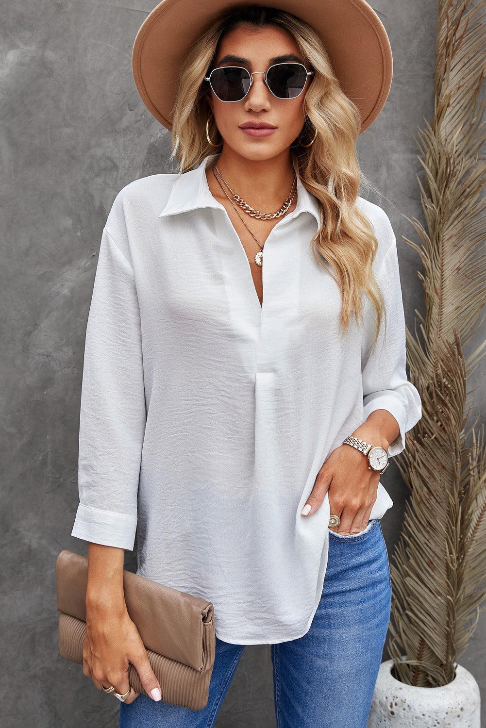 Textured Johnny Collar Three-Quarter Sleeve Blouse-TOPS / DRESSES-[Adult]-[Female]-White-S-2022 Online Blue Zone Planet