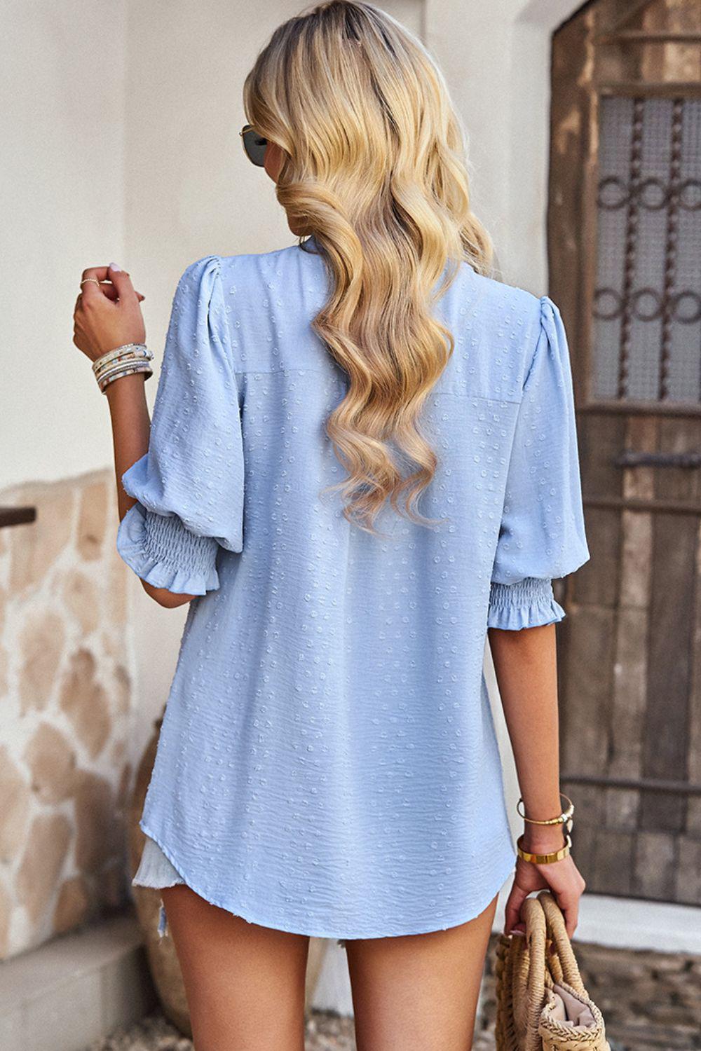 Textured Notched Neck Puff Sleeve Blouse BLUE ZONE PLANET