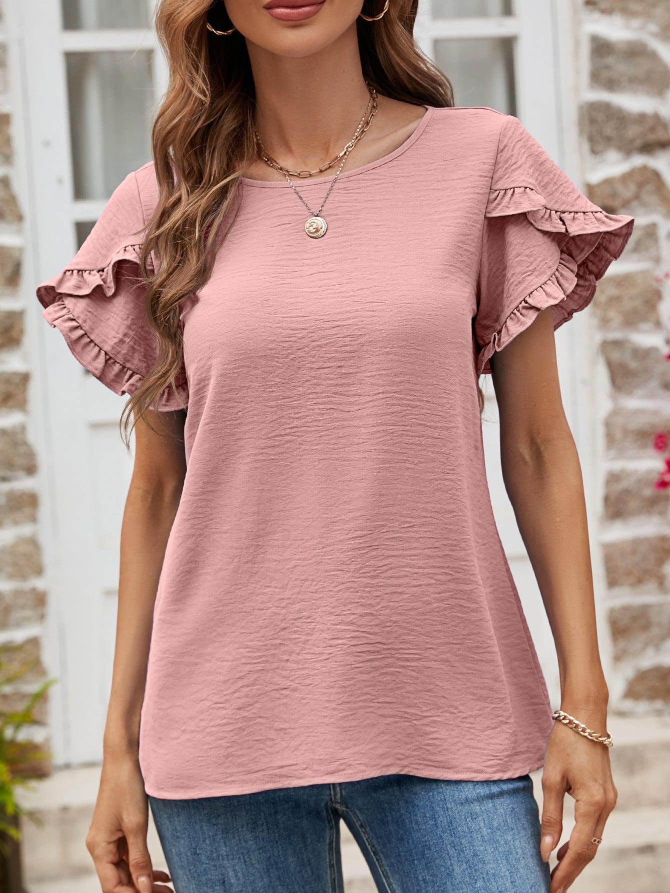 Textured Petal Sleeve Round Neck Tee BLUE ZONE PLANET