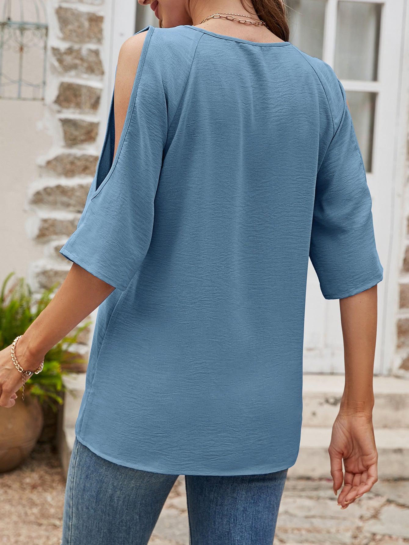 Textured Round Neck Split Sleeve Top BLUE ZONE PLANET