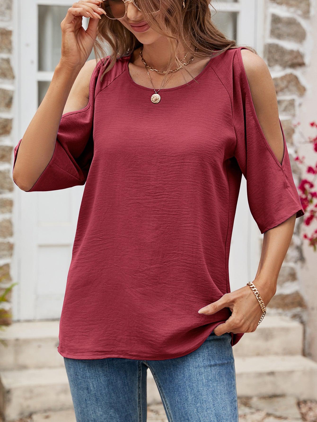 Textured Round Neck Split Sleeve Top BLUE ZONE PLANET