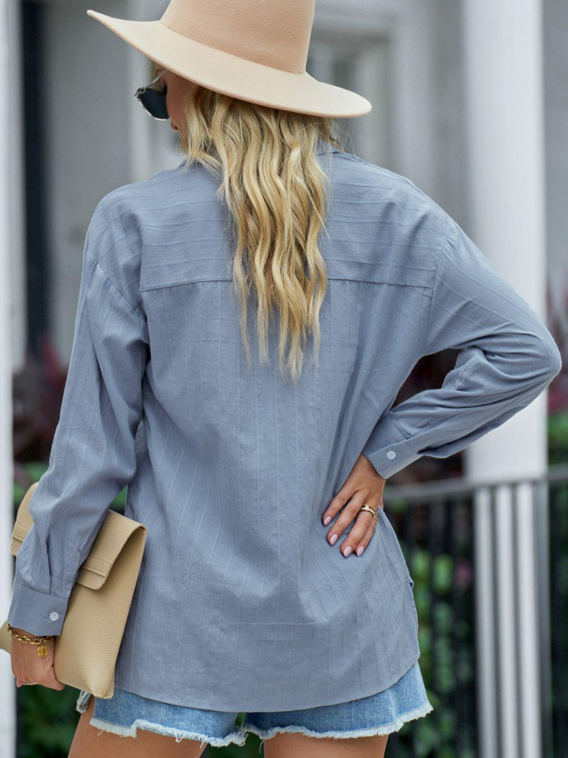 Textured Side Slit Long Sleeve Shirt BLUE ZONE PLANET