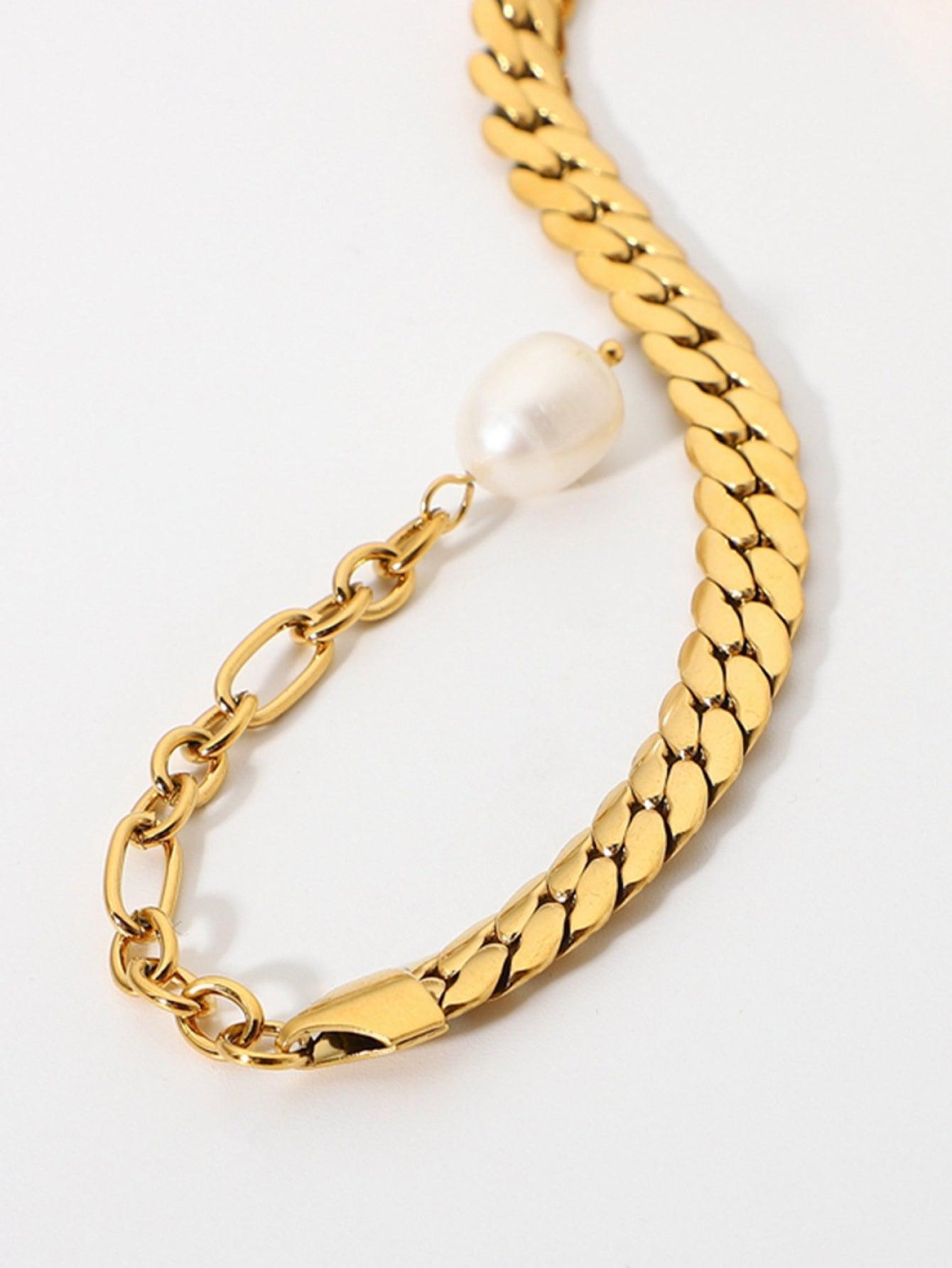 Thick Curb Stainless Steel Chain Bracelet with Pearl-TOPS / DRESSES-[Adult]-[Female]-Gold-One Size-2022 Online Blue Zone Planet