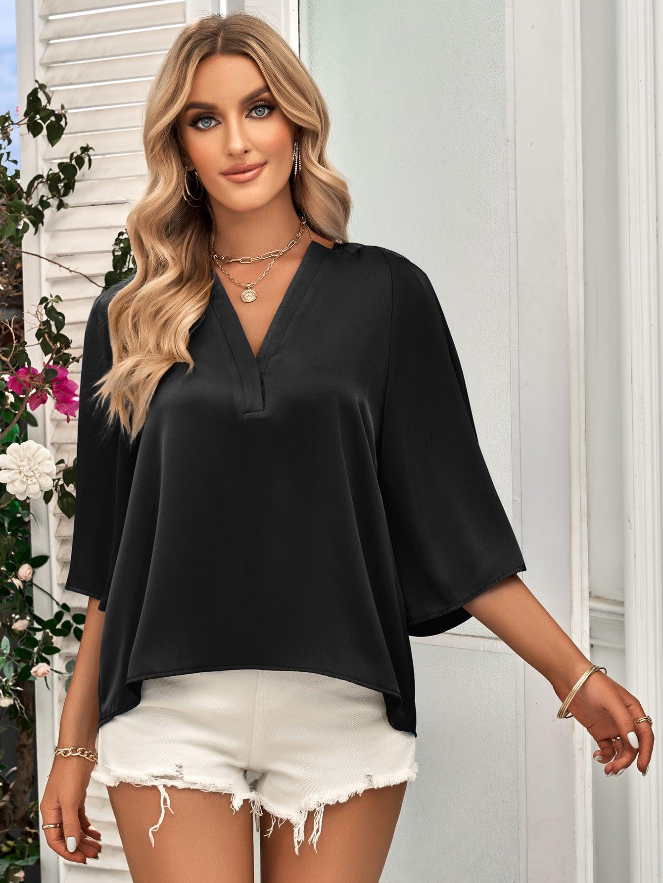 Three-Quarter Flare Sleeve V-Neck Blouse BLUE ZONE PLANET