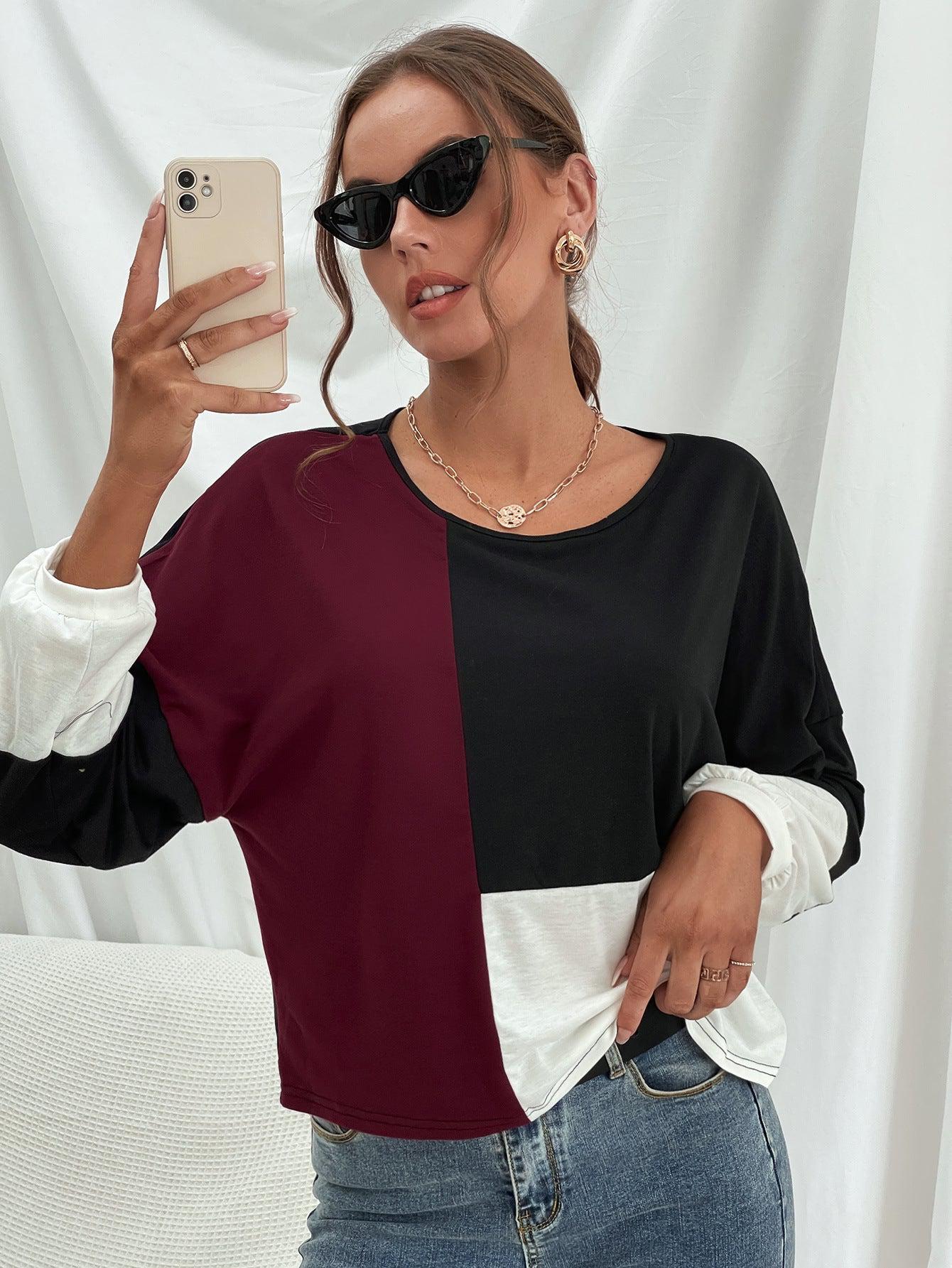 Three-Tone Color Block Dropped Shoulder Long Sleeve Tee-TOPS / DRESSES-[Adult]-[Female]-Blue Zone Planet