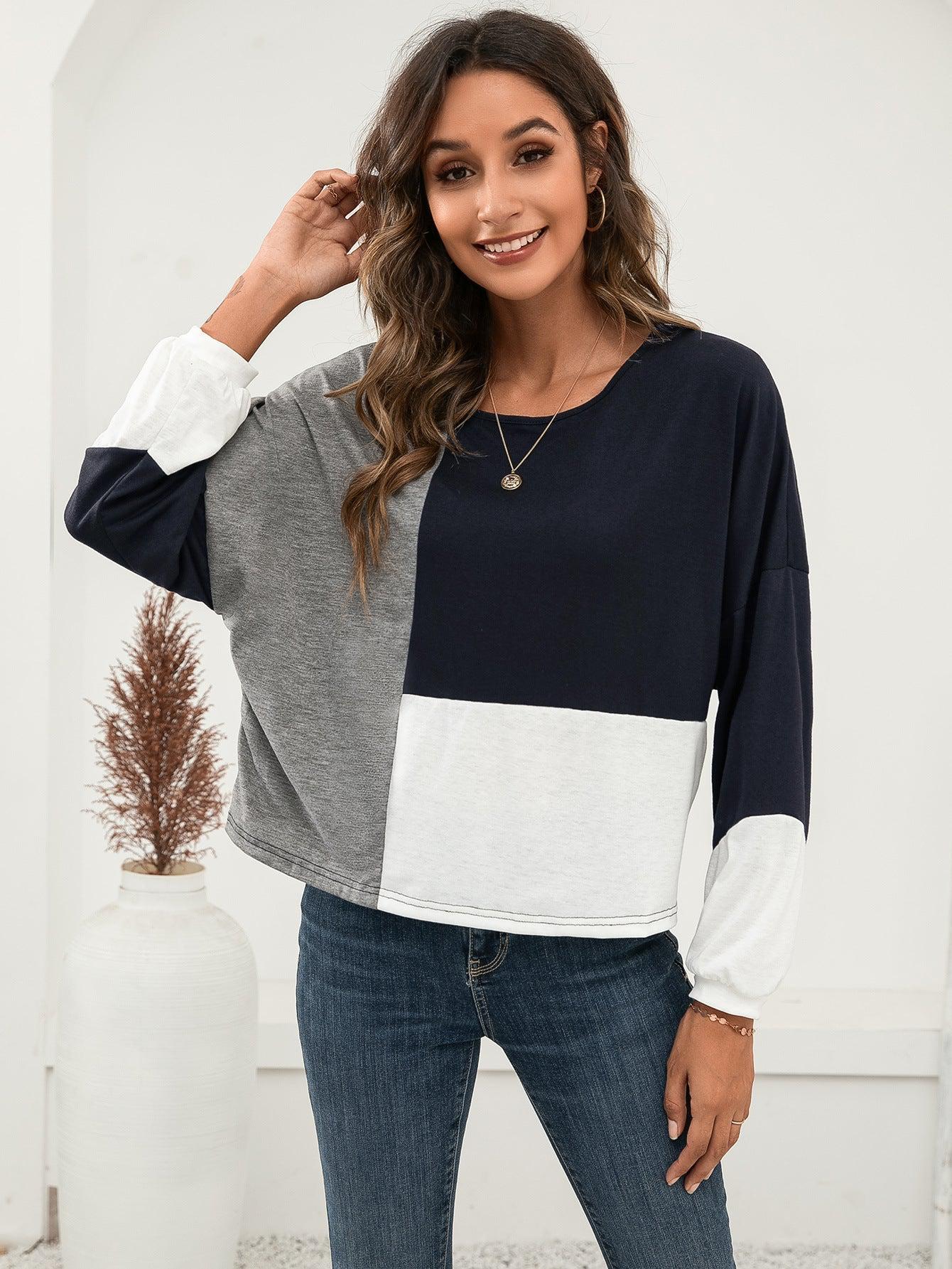Three-Tone Color Block Dropped Shoulder Long Sleeve Tee-TOPS / DRESSES-[Adult]-[Female]-Gray/Navy-S-Blue Zone Planet