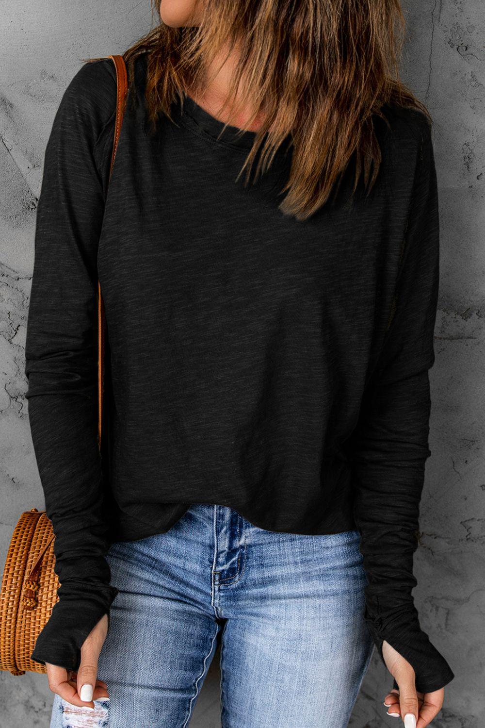 Thumbhole Long Sleeve Round Neck Top-TOPS / DRESSES-[Adult]-[Female]-Black-XL-2022 Online Blue Zone Planet