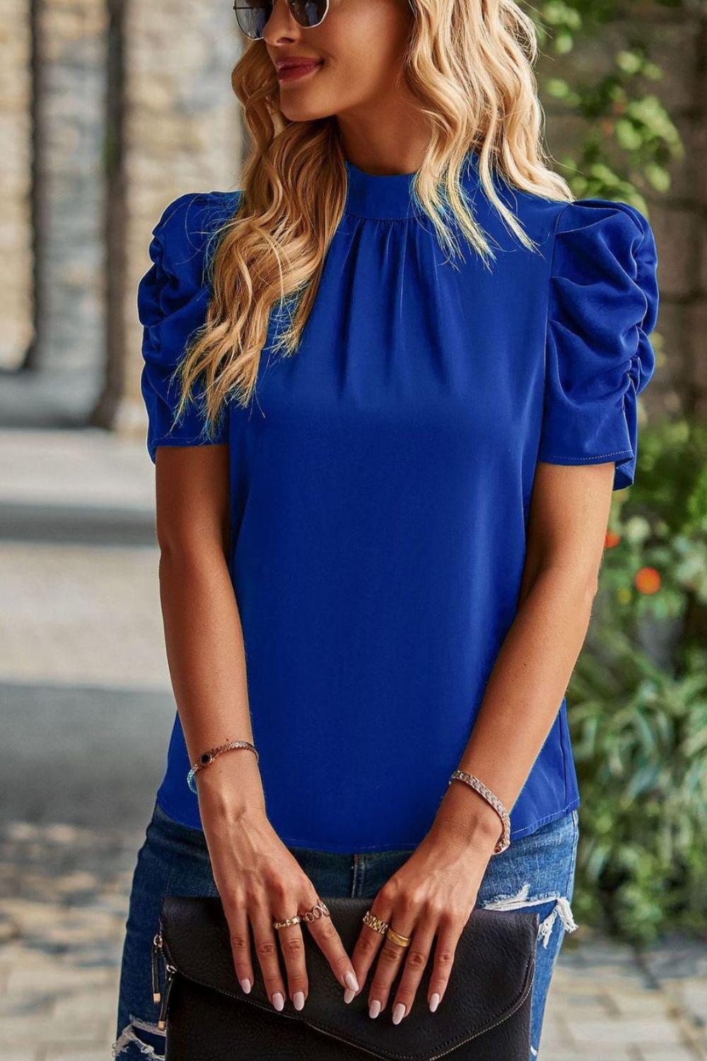 Tie Back Gathered Detail Puff Sleeve Top-TOPS / DRESSES-[Adult]-[Female]-Blue-S-2022 Online Blue Zone Planet