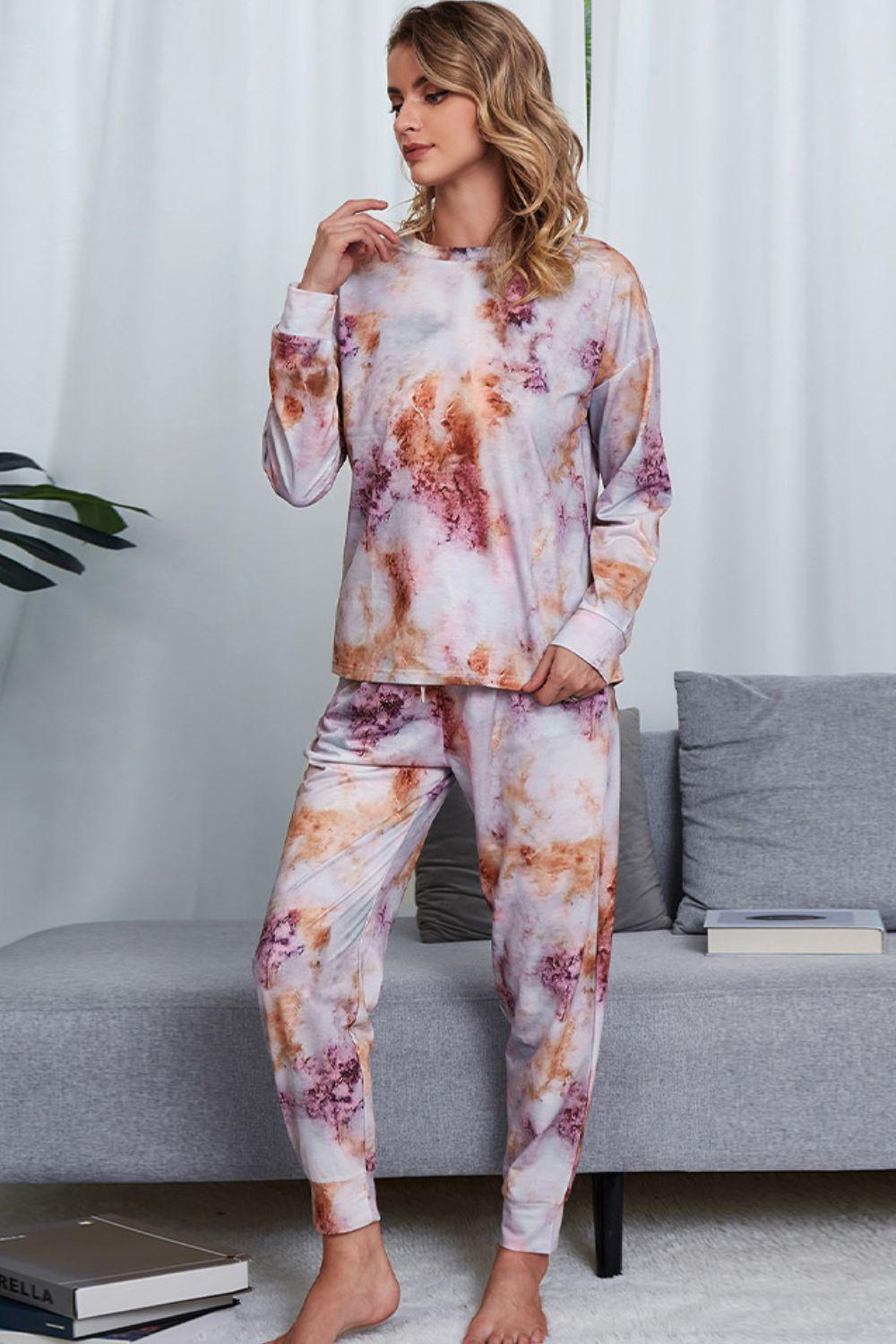 Tie-Dye Crewneck Top and Drawstring Waist Joggers Lounge Set BLUE ZONE PLANET