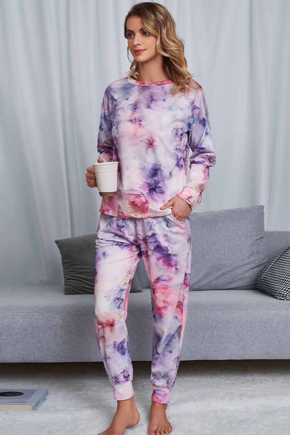 Tie-Dye Crewneck Top and Drawstring Waist Joggers Lounge Set BLUE ZONE PLANET