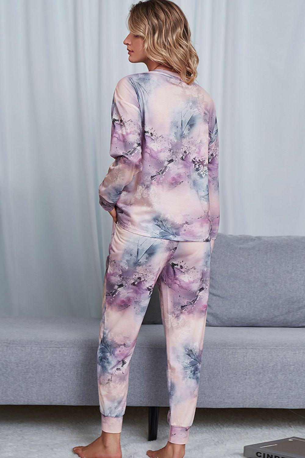 Tie-Dye Crewneck Top and Drawstring Waist Joggers Lounge Set BLUE ZONE PLANET