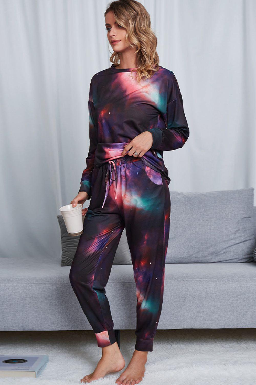 Tie-Dye Crewneck Top and Drawstring Waist Joggers Lounge Set BLUE ZONE PLANET