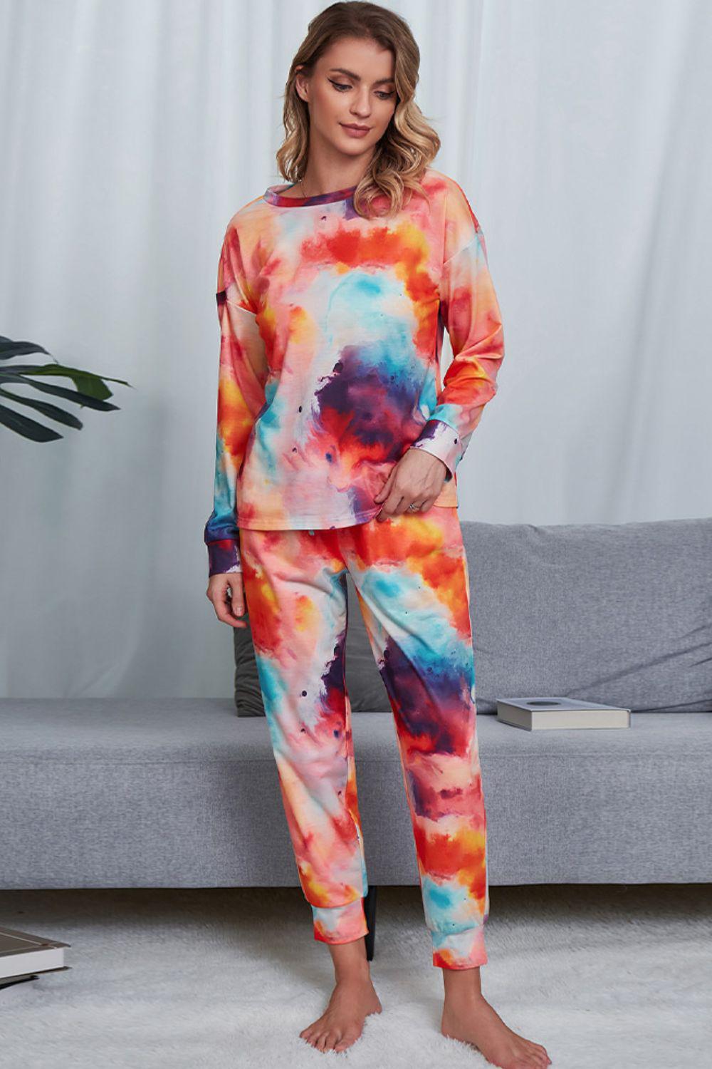 Tie-Dye Crewneck Top and Drawstring Waist Joggers Lounge Set BLUE ZONE PLANET