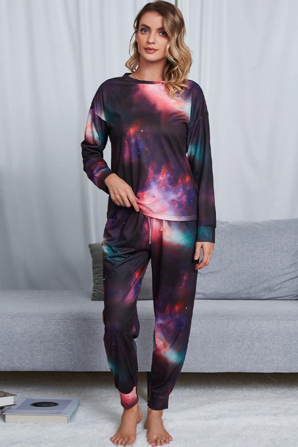 Tie-Dye Crewneck Top and Drawstring Waist Joggers Lounge Set BLUE ZONE PLANET