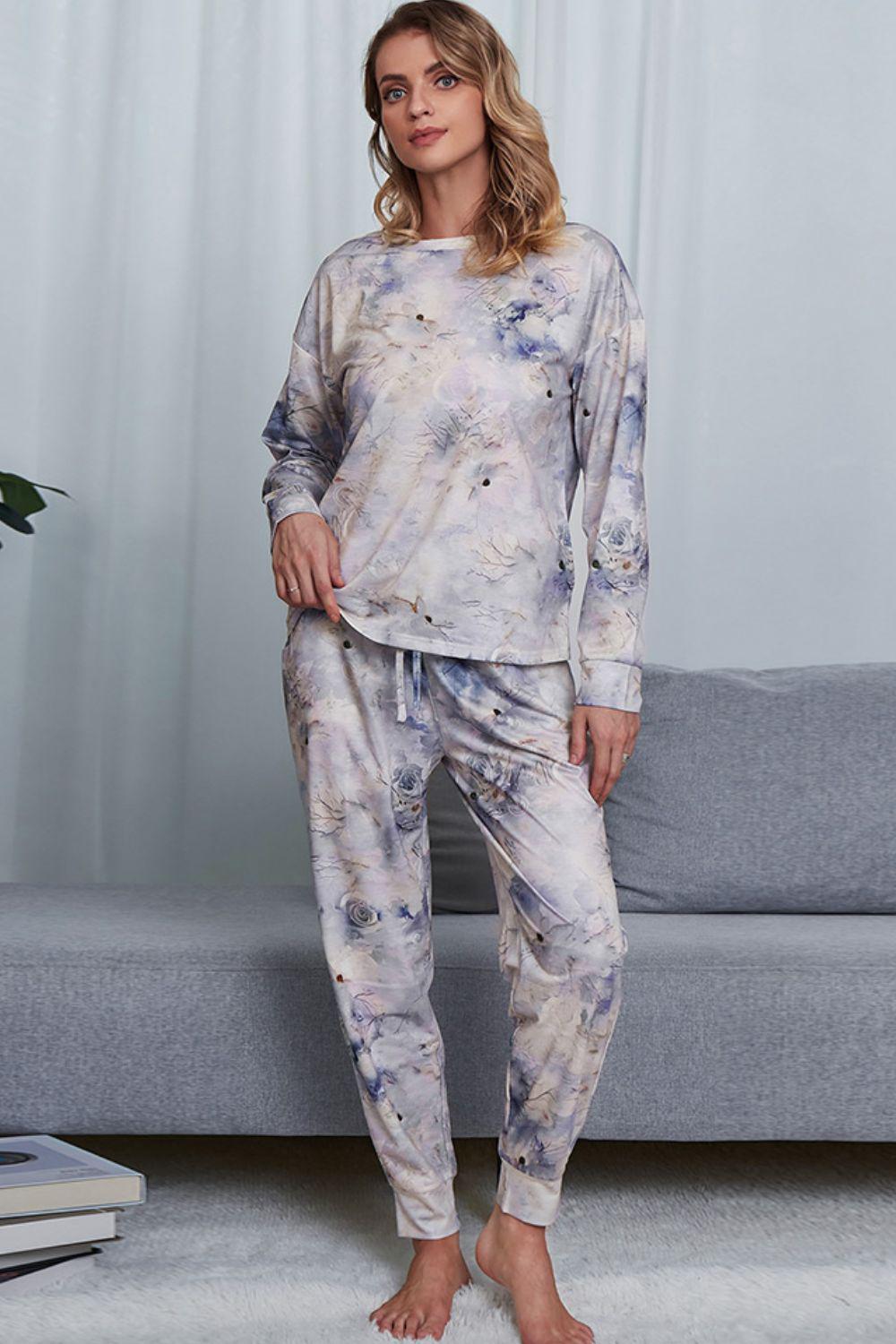 Tie-Dye Crewneck Top and Drawstring Waist Joggers Lounge Set BLUE ZONE PLANET