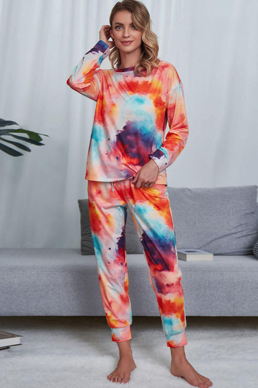 Tie-Dye Crewneck Top and Drawstring Waist Joggers Lounge Set BLUE ZONE PLANET