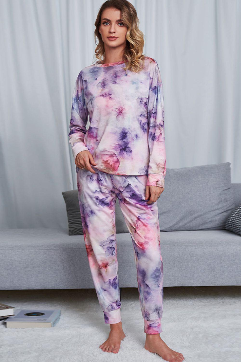 Tie-Dye Crewneck Top and Drawstring Waist Joggers Lounge Set BLUE ZONE PLANET