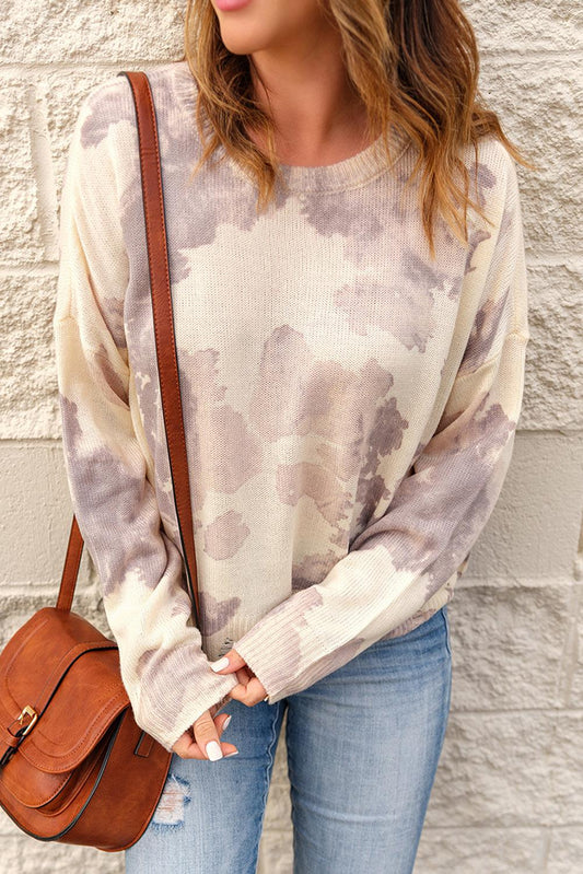 Tie-Dye Distressed Round Neck Sweater-TOPS / DRESSES-[Adult]-[Female]-Blue Zone Planet
