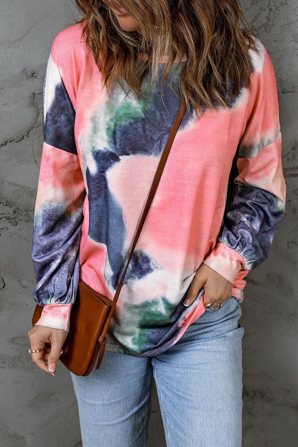 Tie-Dye Drop Shoulder Round Neck Top-TOPS / DRESSES-[Adult]-[Female]-Multicolor-S-2022 Online Blue Zone Planet