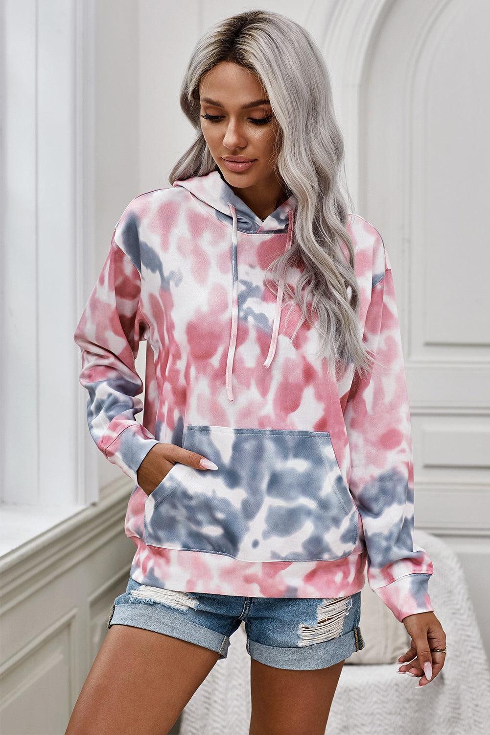 Tie-Dye Dropped Shoulder Drawstring Hoodie-Tops / Dresses-[Adult]-[Female]-2022 Online Blue Zone Planet