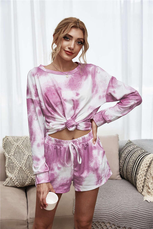 Tie-Dye Dropped Shoulder Top and Shorts Lounge Set BLUE ZONE PLANET