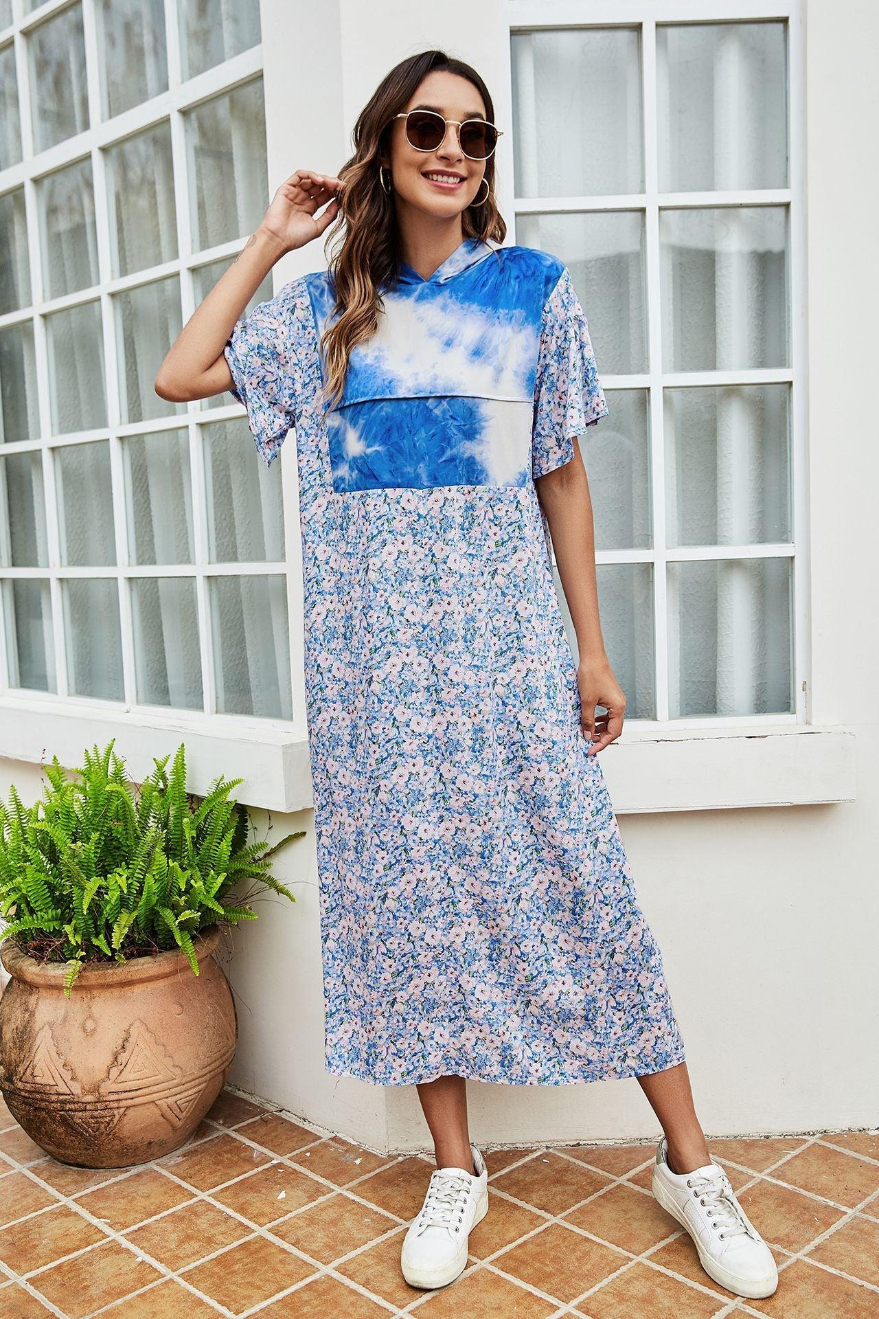 Tie-Dye Floral Flutter Sleeve Hooded Dress BLUE ZONE PLANET