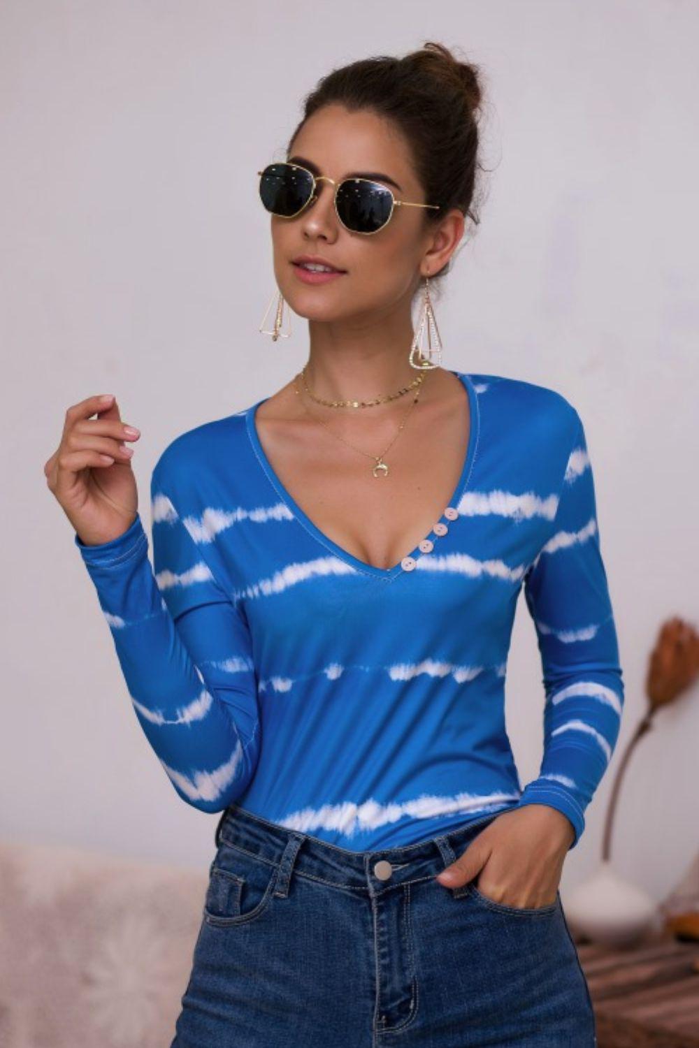 Tie-Dye Plunge Long Sleeve Top BLUE ZONE PLANET