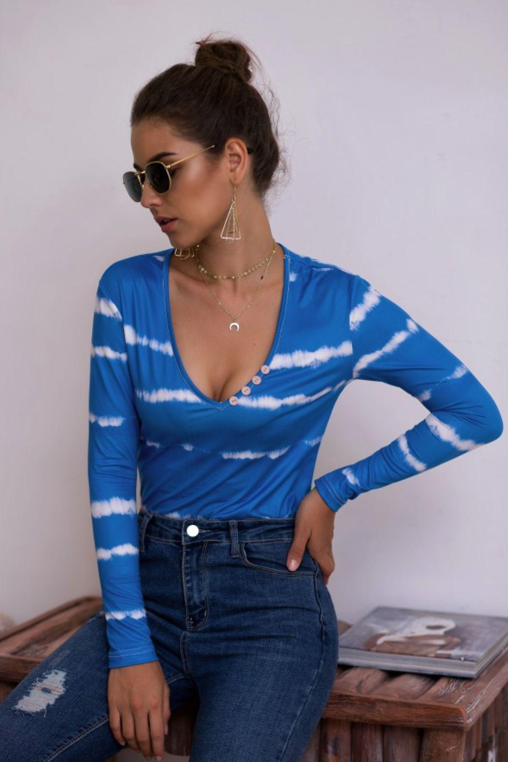 Tie-Dye Plunge Long Sleeve Top BLUE ZONE PLANET