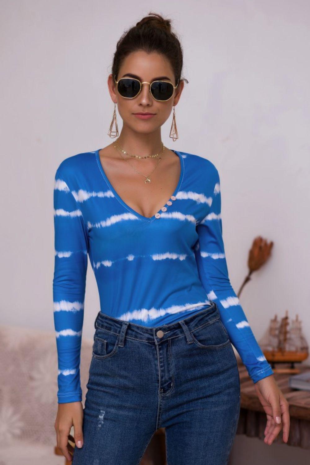 Tie-Dye Plunge Long Sleeve Top BLUE ZONE PLANET