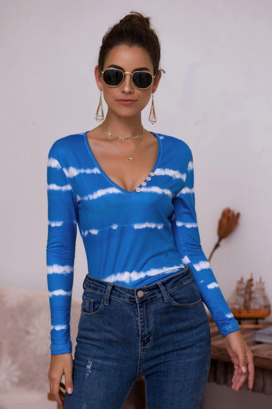 Tie-Dye Plunge Long Sleeve Top BLUE ZONE PLANET