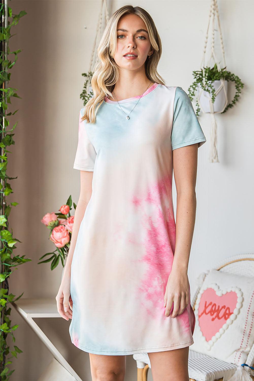 Tie-Dye Round Neck Short Sleeve Slit Dress BLUE ZONE PLANET