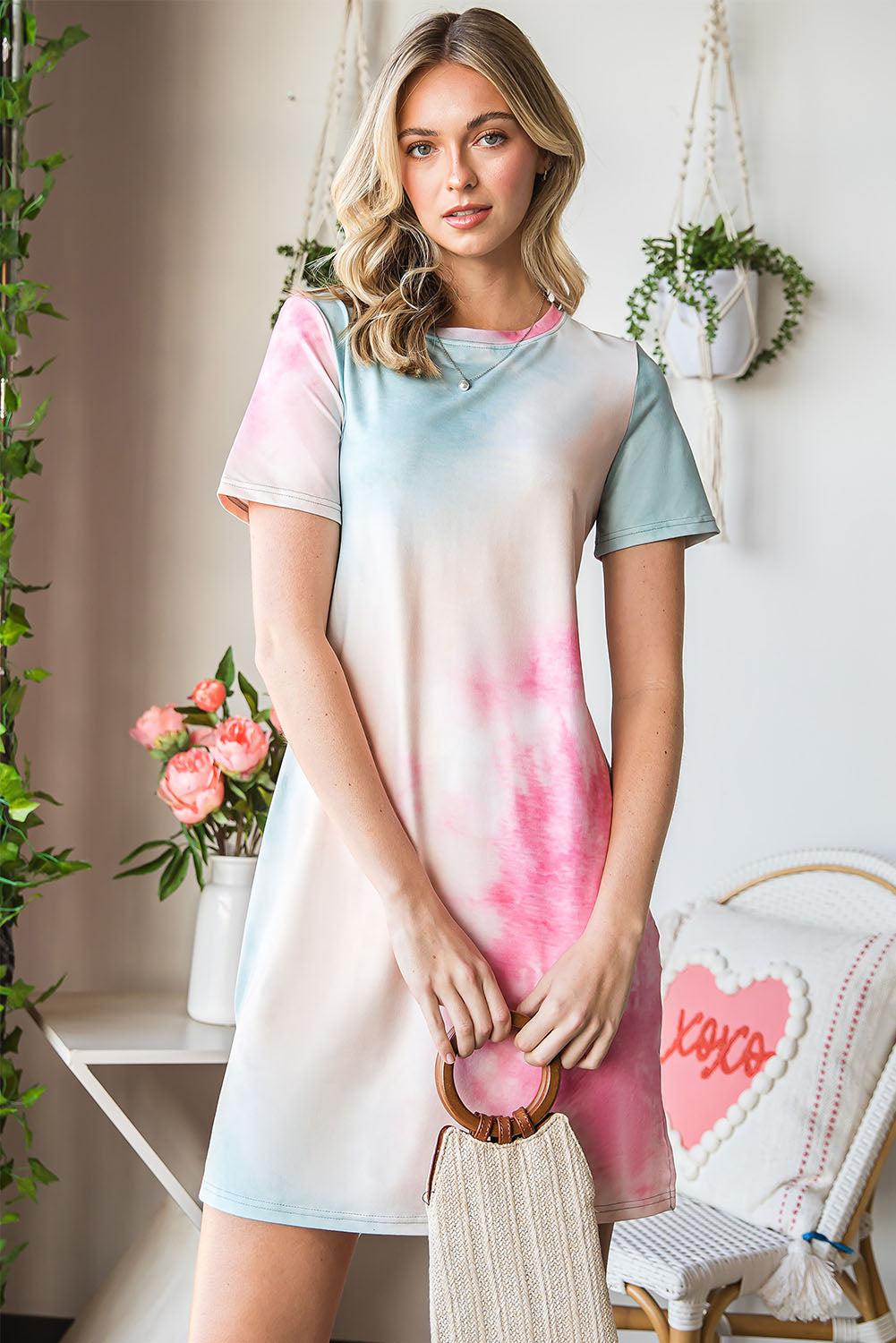 Tie-Dye Round Neck Short Sleeve Slit Dress BLUE ZONE PLANET