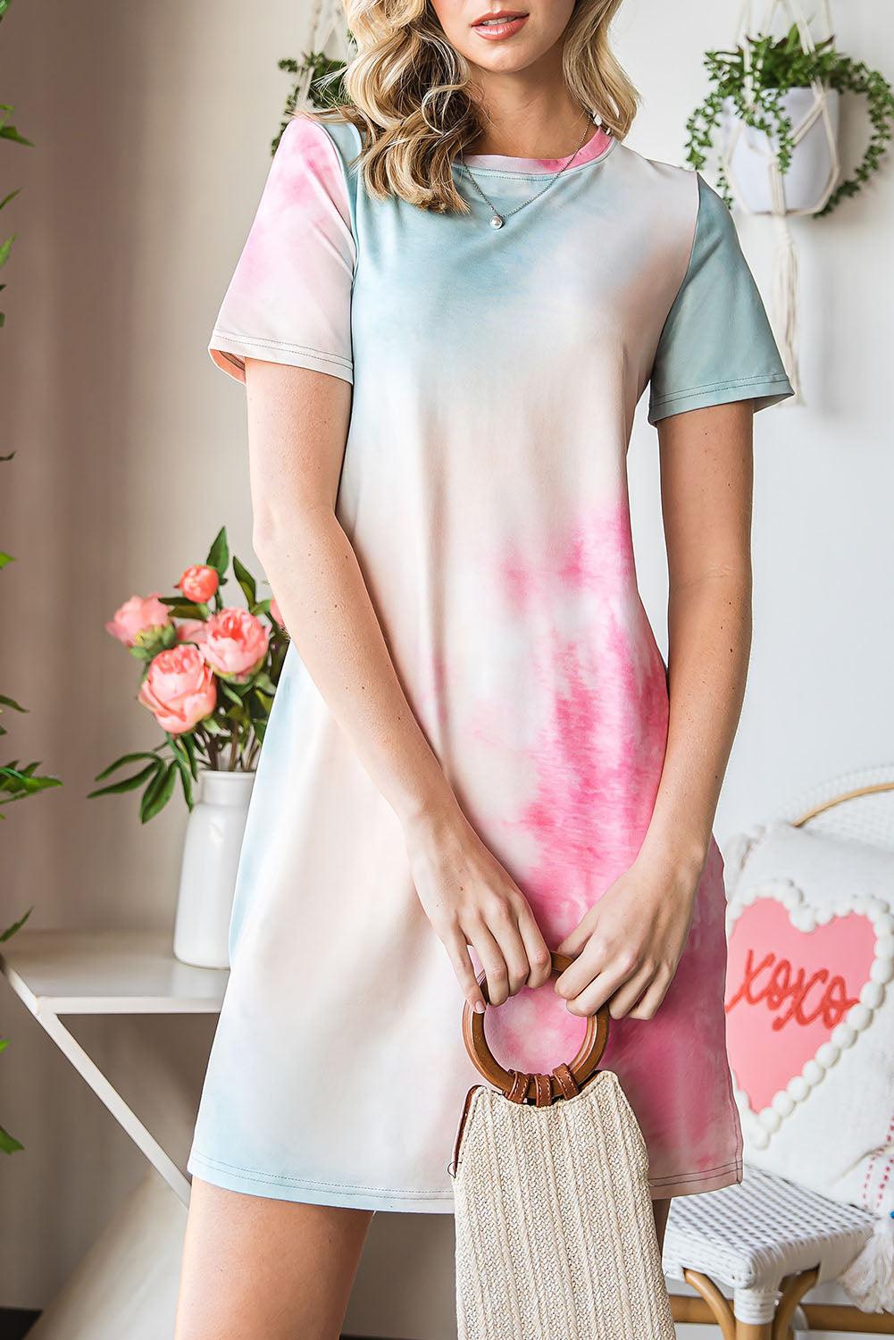 Tie-Dye Round Neck Short Sleeve Slit Dress BLUE ZONE PLANET