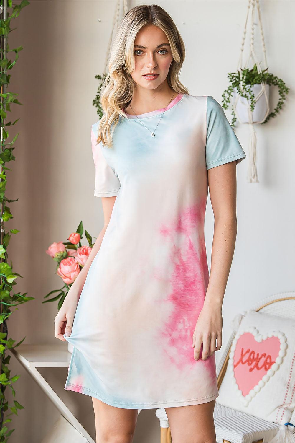 Tie-Dye Round Neck Short Sleeve Slit Dress BLUE ZONE PLANET