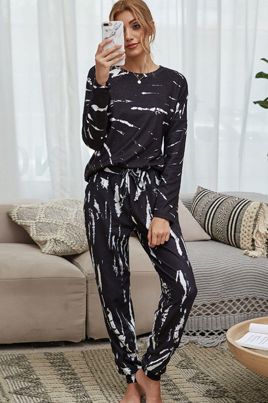 Tie-Dye Round Neck Top and Drawstring Waist Joggers Lounge Set-Tops / Dresses-[Adult]-[Female]-Black-S-2022 Online Blue Zone Planet