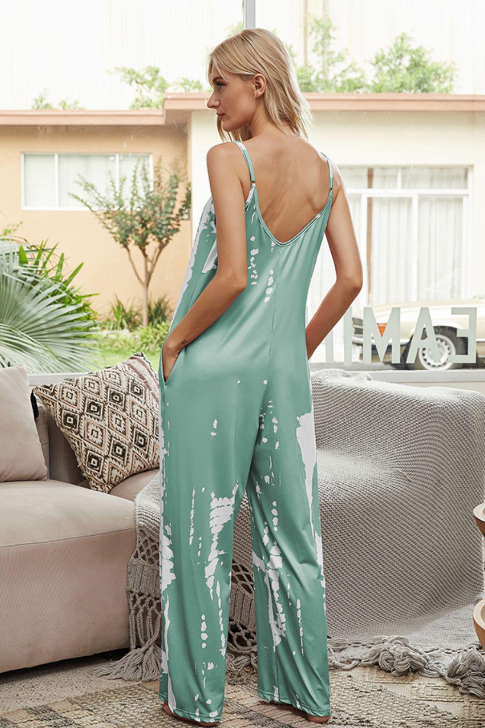 Tie-Dye Spaghetti Strap Jumpsuit with Pockets BLUE ZONE PLANET