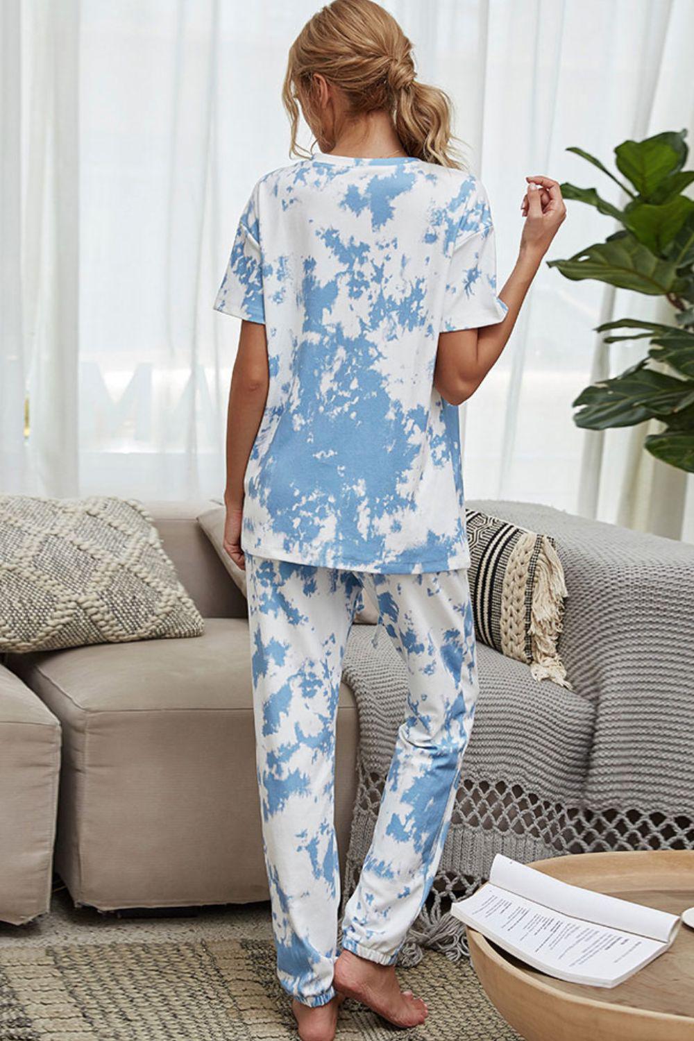 Tie-Dye Tee and Drawstring Waist Joggers Lounge Set BLUE ZONE PLANET