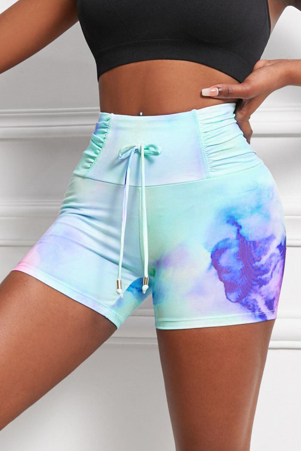 Tie-Dye Tie Detail Ruched Sports Shorts-BOTTOM SIZES SMALL MEDIUM LARGE-[Adult]-[Female]-2022 Online Blue Zone Planet