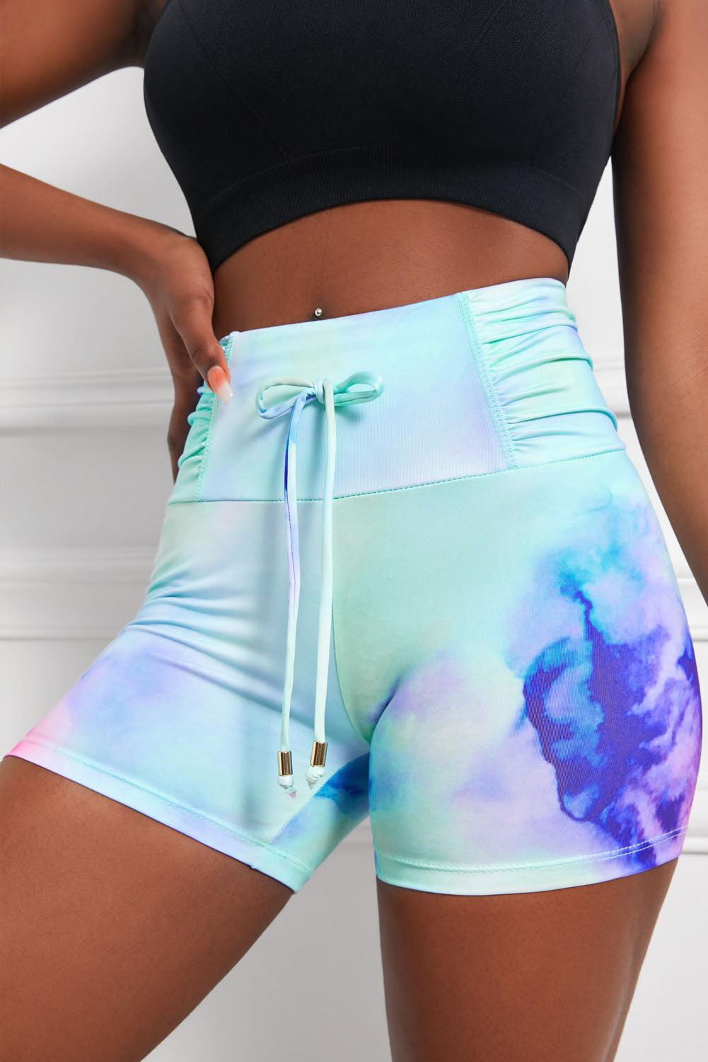 Tie-Dye Tie Detail Ruched Sports Shorts-BOTTOM SIZES SMALL MEDIUM LARGE-[Adult]-[Female]-Multicolor-S-2022 Online Blue Zone Planet
