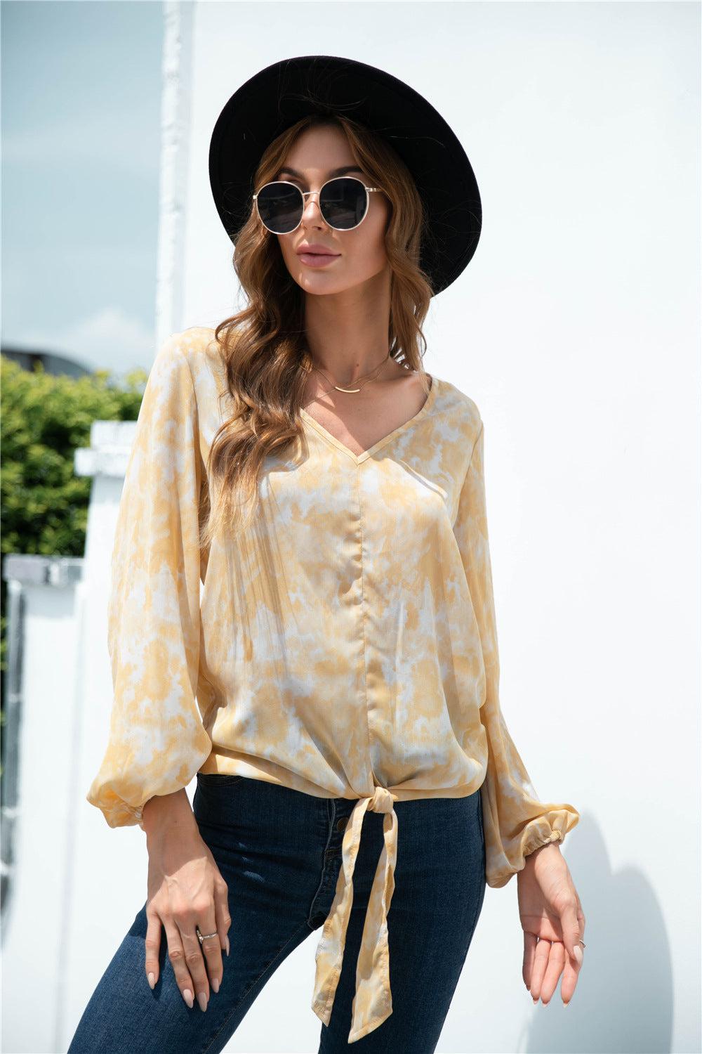 Tie-Dye Tied Balloon Sleeve Blouse BLUE ZONE PLANET