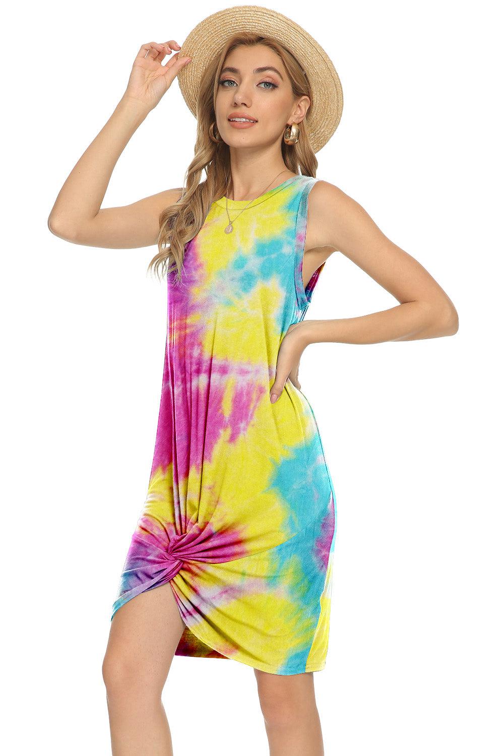 Tie-Dye Twisted Round Neck Sleeveless Dress-TOPS / DRESSES-[Adult]-[Female]-2022 Online Blue Zone Planet