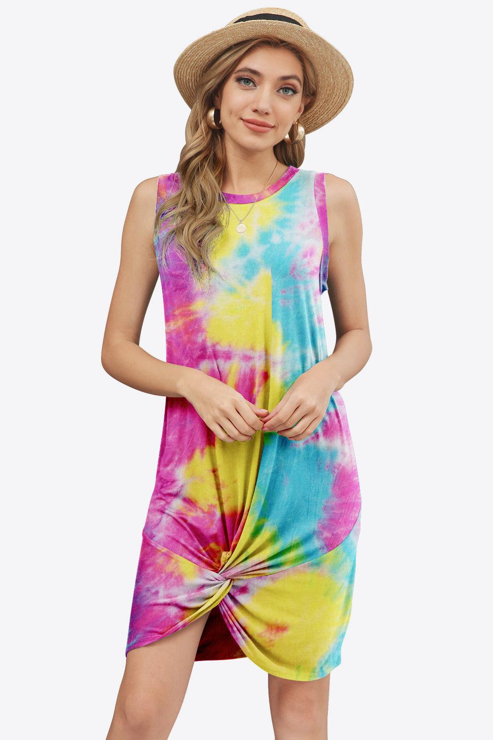 Tie-Dye Twisted Round Neck Sleeveless Dress-TOPS / DRESSES-[Adult]-[Female]-Canary Yellow-S-2022 Online Blue Zone Planet