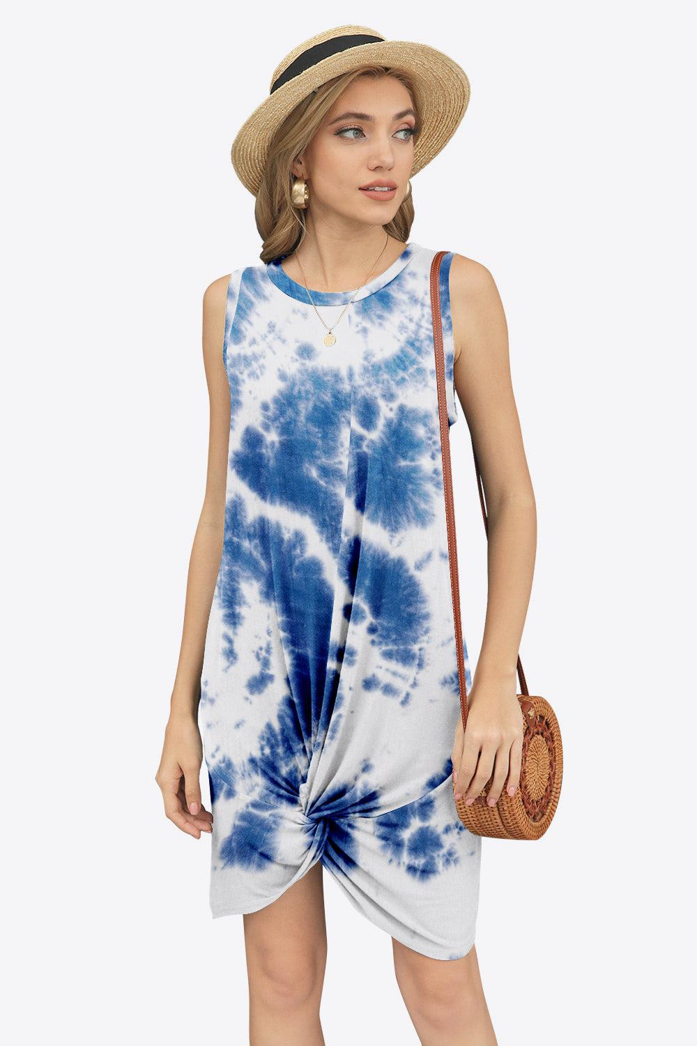 Tie-Dye Twisted Round Neck Sleeveless Dress-TOPS / DRESSES-[Adult]-[Female]-Cobalt Blue-S-2022 Online Blue Zone Planet