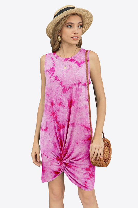 Tie-Dye Twisted Round Neck Sleeveless Dress-TOPS / DRESSES-[Adult]-[Female]-Fuchsia Pink-S-2022 Online Blue Zone Planet