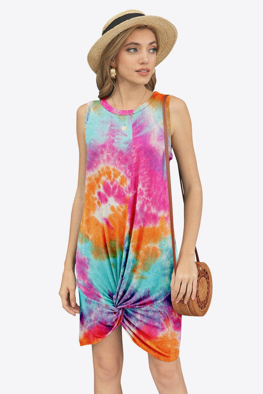 Tie-Dye Twisted Round Neck Sleeveless Dress-TOPS / DRESSES-[Adult]-[Female]-Tangerine-S-2022 Online Blue Zone Planet