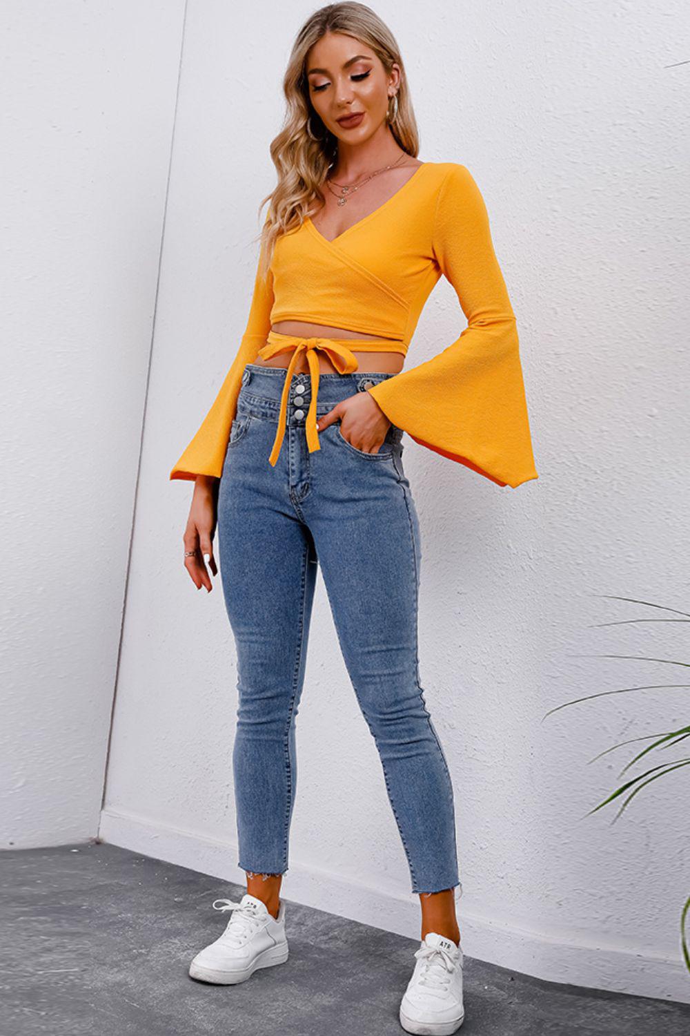 Tie Front Flare Sleeve Cropped Top BLUE ZONE PLANET