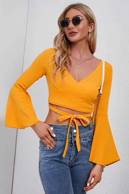 Tie Front Flare Sleeve Cropped Top BLUE ZONE PLANET