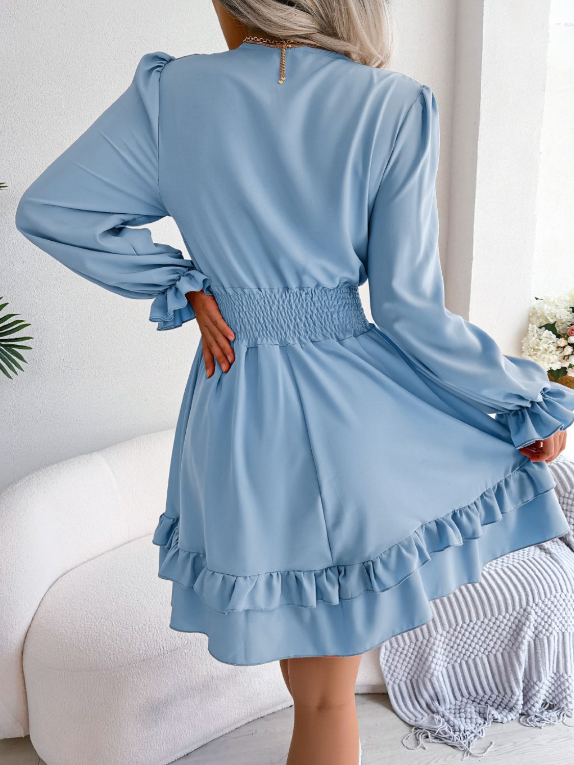 Tie Front Smocked Waist Flounce Sleeve Dress BLUE ZONE PLANET