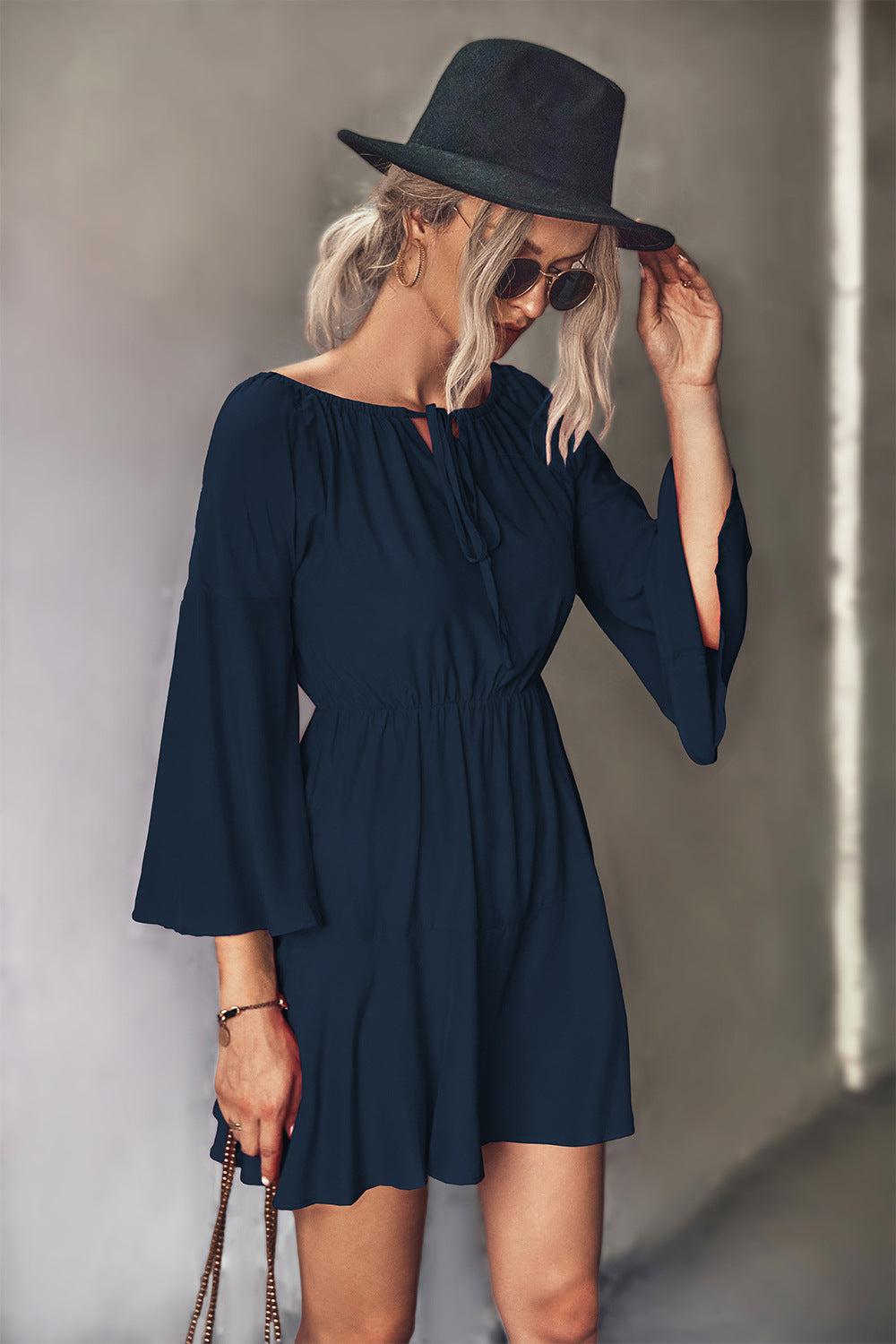 Tie Neck Flare Sleeve Mini Dress BLUE ZONE PLANET